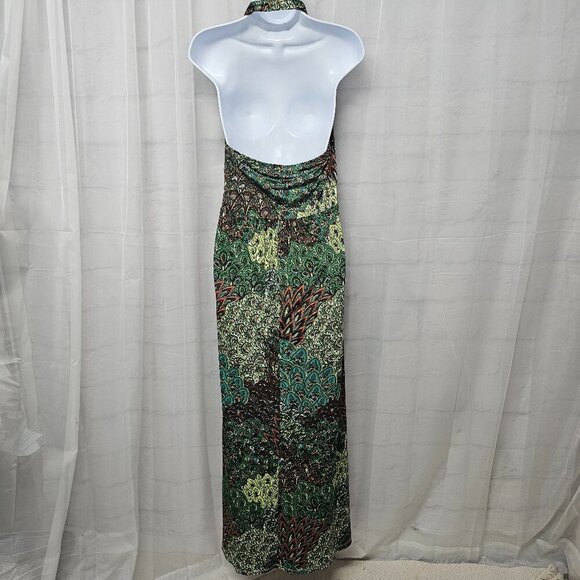 Claudia Richard Green Brown Retro Maxi Dress Halter Beaded Hippie Festival L - Picture 7 of 12
